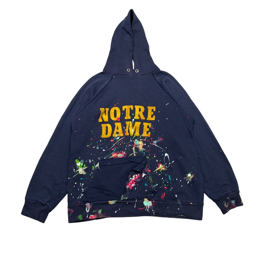 Vintage 80s Champion Notre Dame Script Logo Hoodie XL Paint Splatter Distressed